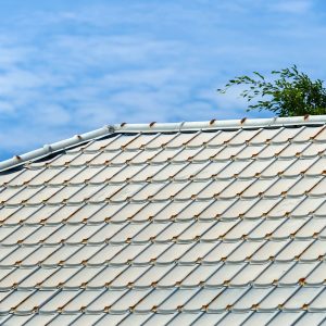 rchitectural detail of metal roofing on commercial construction of modern building complex.