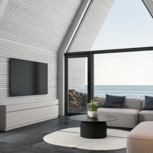 Modern Cozy Scandinavian living room with white wooden wall planks.